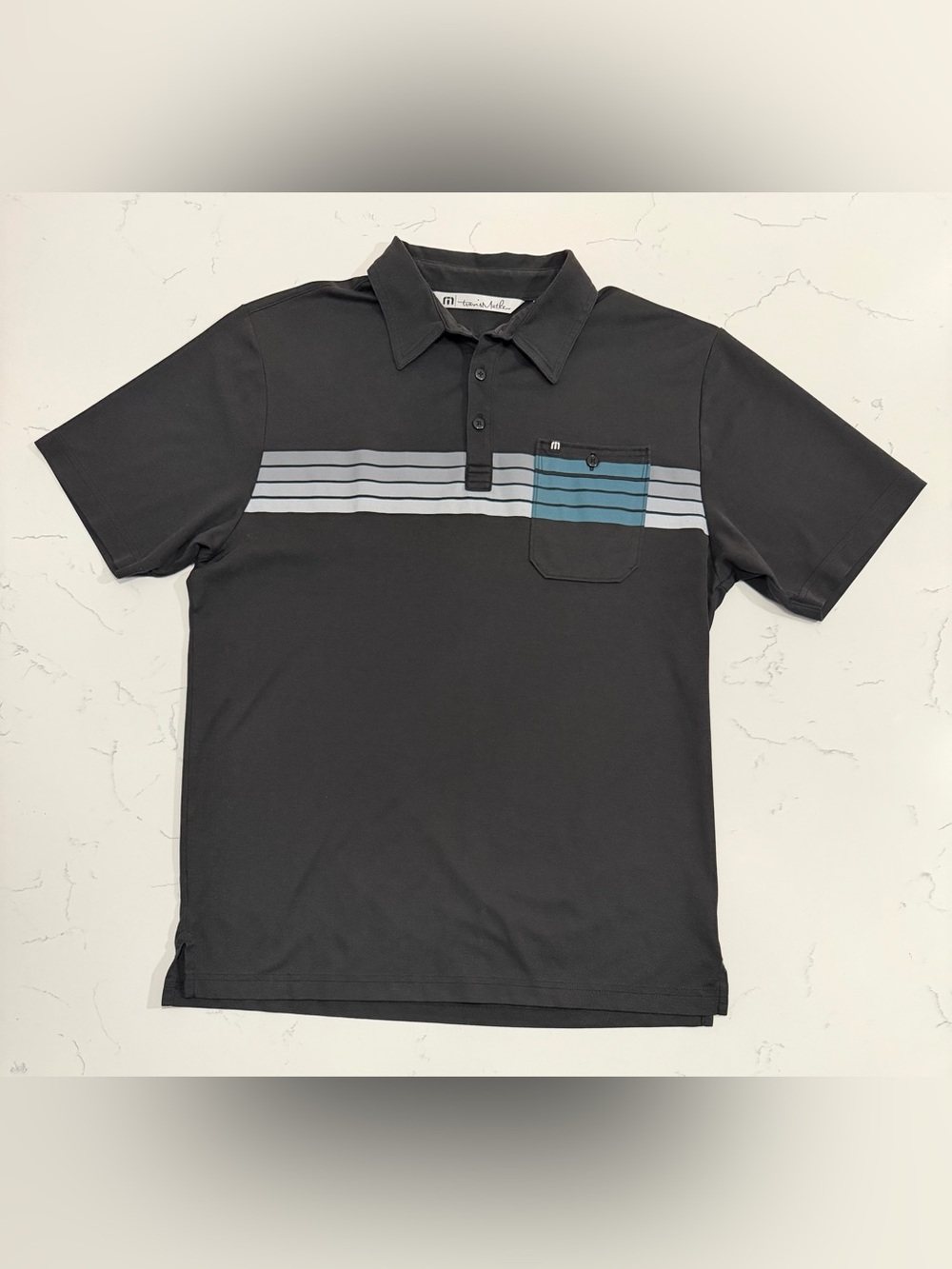 TravisMathew Polo Shirt Men’s Medium Black Striped Performance Golf Pocket